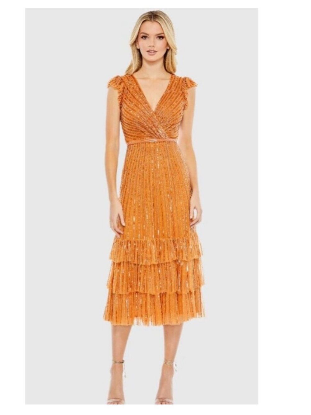 Mac Duggal Gown Dress Size 8 Sequined Ruffle Cap Sleeve V Neck Orange 5585 $498